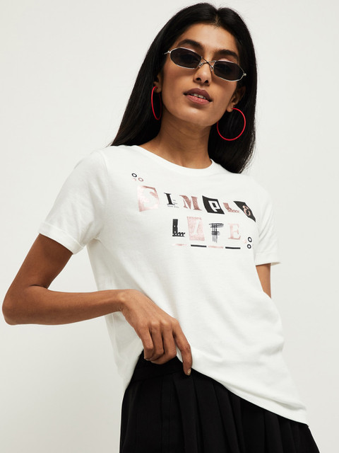 

max Women White Printed Round Neck Cotton T-shirt