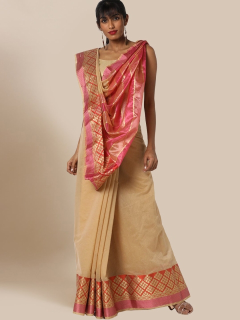 

Chhabra 555 Beige & Pink Silk Cotton Solid Jamdani Saree with Zari Border
