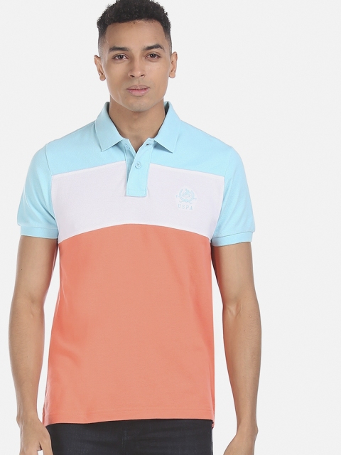 

U.S. Polo Assn. Men Coral Orange & Blue Colourblocked Polo Collar Cotton T-shirt