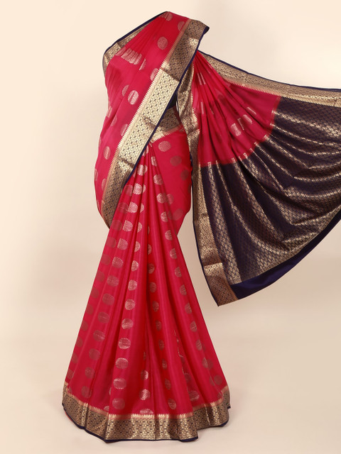 

Pothys Pink & Gold-Toned Pure Silk Woven Design Mysore Silk Saree with Zari Border