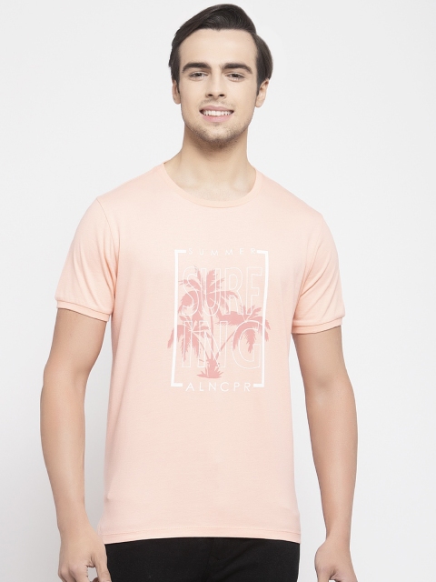 

Allen Cooper Men Peach-Coloured Printed Round Neck T-shirt