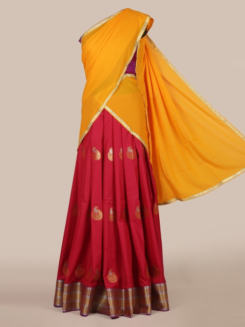 

Pothys Yellow & Maroon Poly Chiffon Solid Lehenga Half Saree