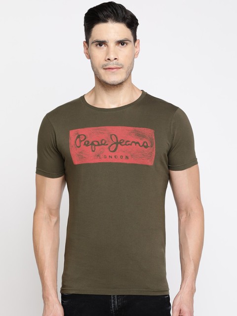 

Pepe Jeans Men Olive Green Brand Logo Printed Round Neck T-shirt