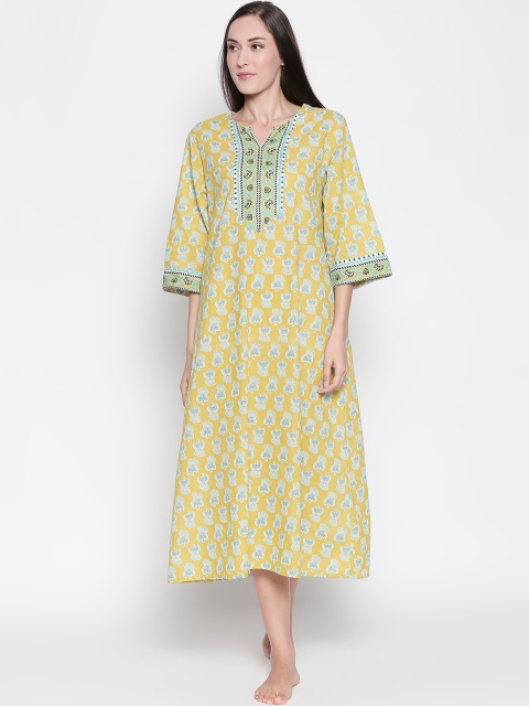 

RANGMANCH BY PANTALOONS Green & Mustard Printed Nightdress