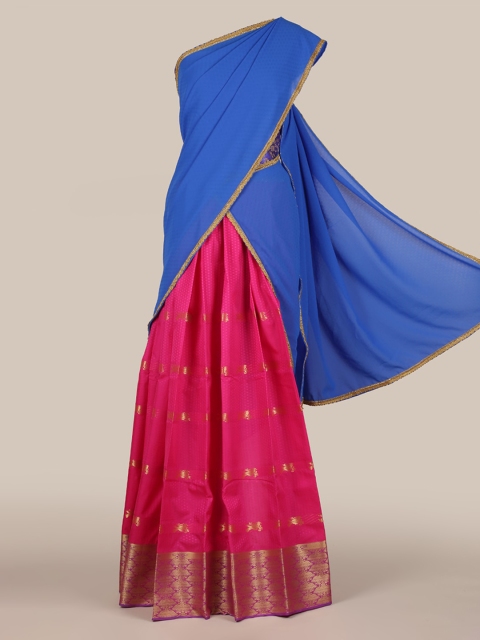 

Pothys Blue & Pink Poly Chiffon Solid Lehenga Half Saree
