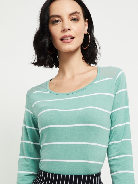 

max Women Green & White Striped Round Neck T-shirt