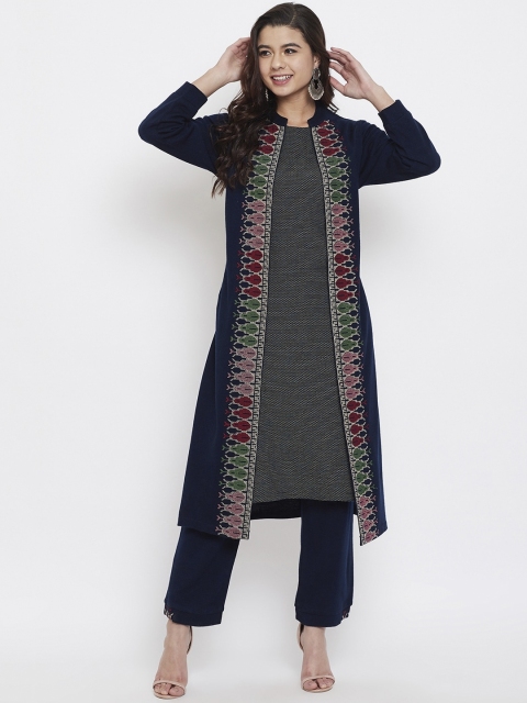 Zigo Women Navy Blue & Brown Printed Kurta with Trousers