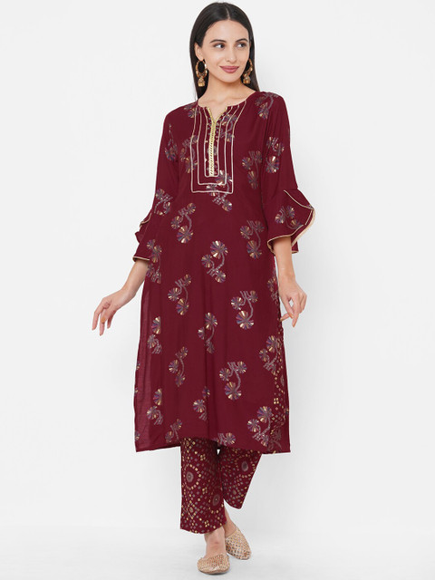 

FASHOR Women Maroon Printed Kurta with Trousers