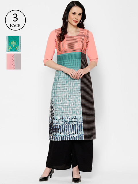 

7Threads Women Pack of 3 Multicoloured Woven Design A-Line Kurtas, Multi