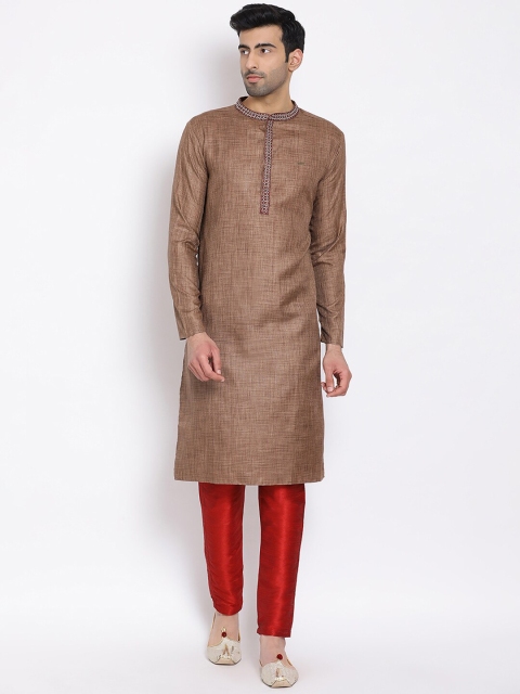 

DEVOILER Men Brown Thread Work Woven Design Mandarin Collar Regular Sleeves Kurta