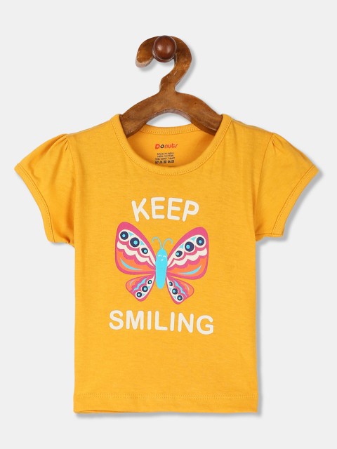

Donuts Girls Mustard Yellow & Pink Printed Round Neck T-shirt