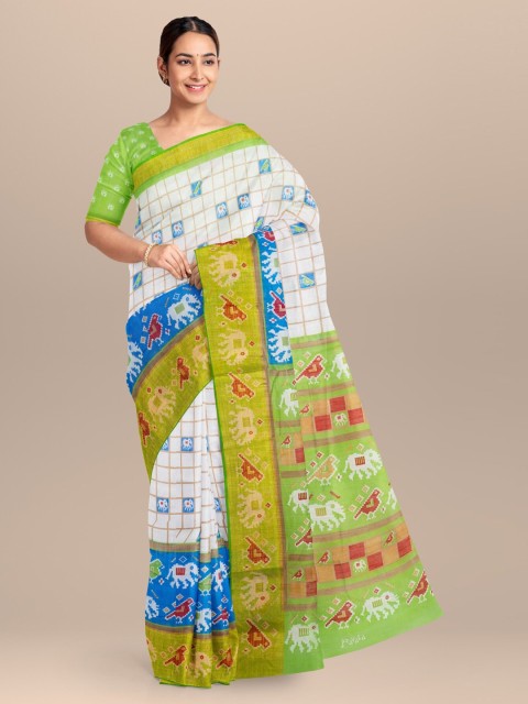 

KLM Fashion Mall Blue & White Linen Blend Checked Saree