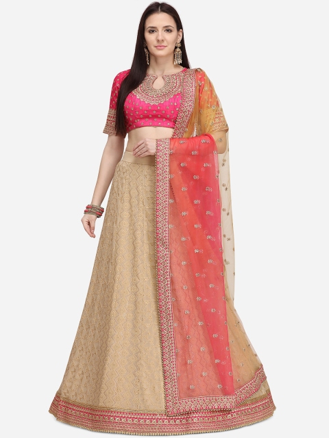 

NAKKASHI Beige & Pink Embroidered Unstitched Lehenga & Blouse with Dupatta