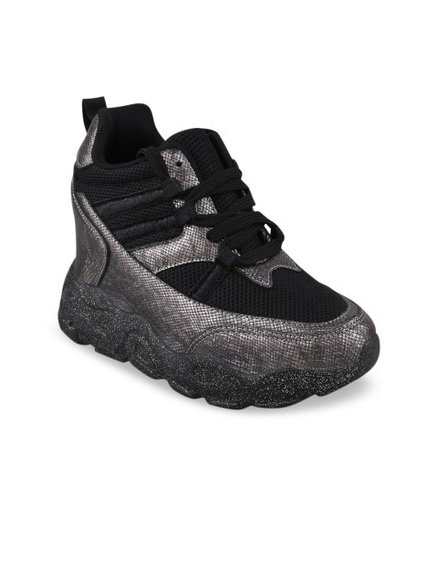 

Stelatoes Women Black Woven Design Mesh Mid-Top Sneakers