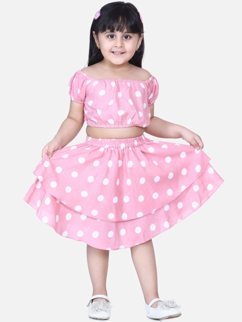 

AWW HUNNIE Girls Pink & White Printed Top with Skirt