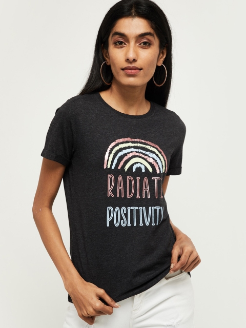 

max Women Grey Printed Round Neck Pure Cotton T-shirt