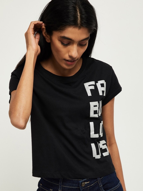 

max Women Black Printed Round Neck Pure Cotton T-shirt