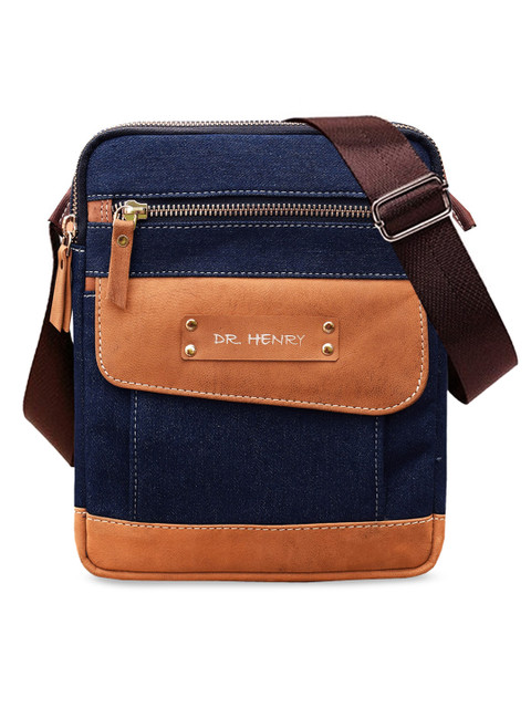 

DR. HENRY Unisex Tan & Navy Blue Textured Messenger Bag