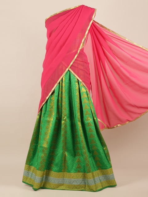 

Pothys Pink & Green Poly Chiffon Printed Half Saree