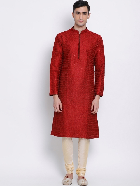 

Sanwara Men Red & Gold-Toned Self Design Kurta with Pyjamas