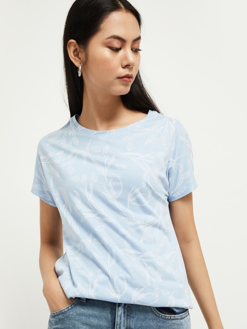 

max Women Blue Printed Round Neck Cotton Pure Cotton T-shirt