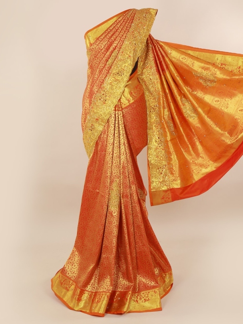 

Pothys Red & Gold-Toned Pure Silk Woven Design Kanjeevaram Saree with Embellished Border