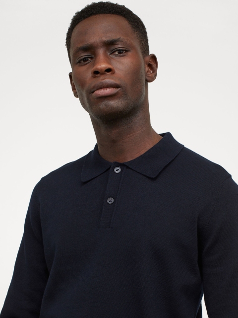

H&M Men Blue Solid Cotton Polo Shirt