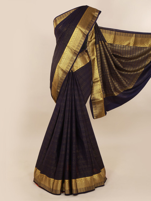 

Pothys Navy Blue & Gold-Toned Pure Silk Striped Mysore Silk Saree with Zari Border