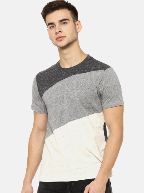 

Campus Sutra Men Grey & Off-White Colourblocked Round Neck T-shirt