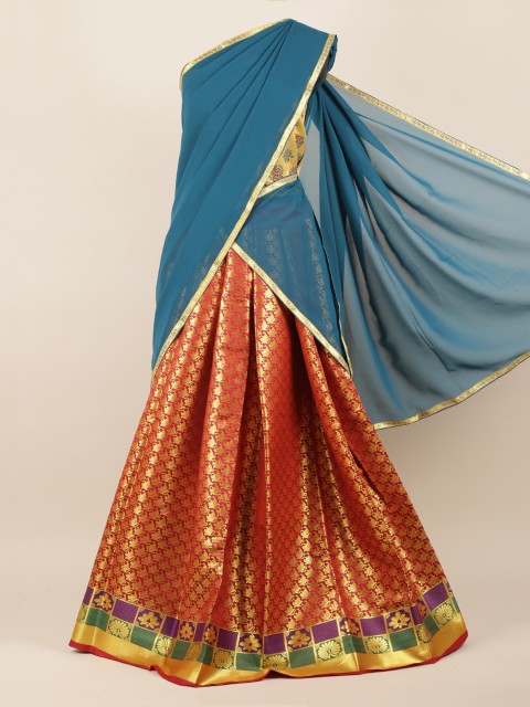 

Pothys Blue & Orange Poly Chiffon Woven Design Traditional Half Saree