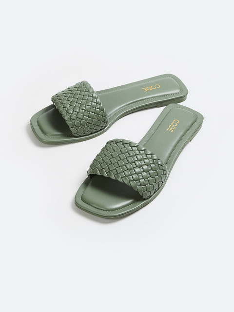 

CODE by Lifestyle Women Green Embellished PU Open Toe Flats