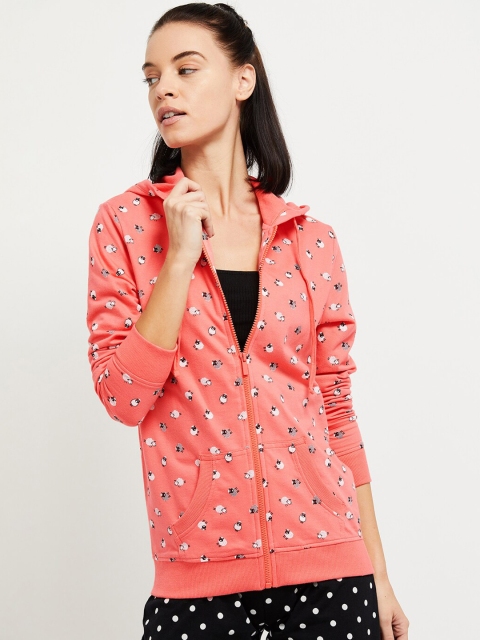 

max Women Pink & Off-White Printed Hooded Sweatshirt