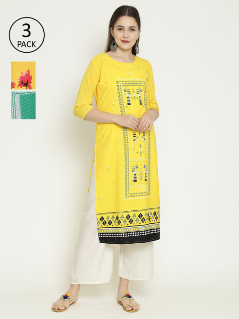

7Threads Women Pack of 3 Printed Straight Kurta, Multi