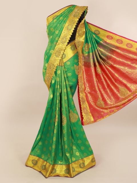 

Pothys Green & Gold-Toned Pure Silk Woven Design Kanjeevaram Saree with Embellished Border
