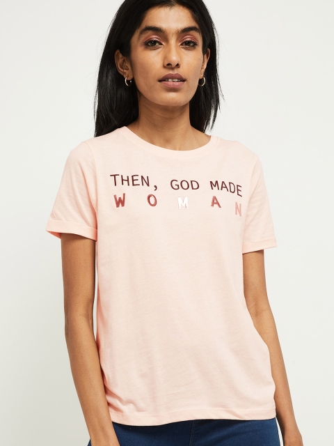 

max Women Pink Printed Round Neck Pure Cotton T-shirt