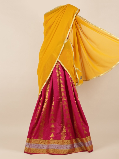 

Pothys Mustard & Pink Poly Chiffon Woven Design Half Saree