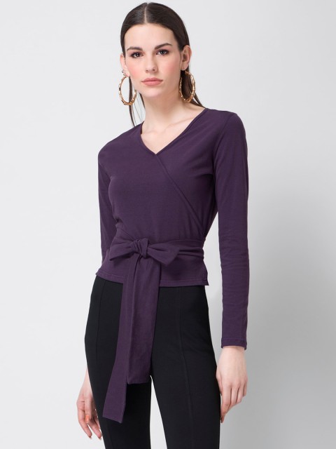 

FabAlley Women Purple Solid Wrap Top