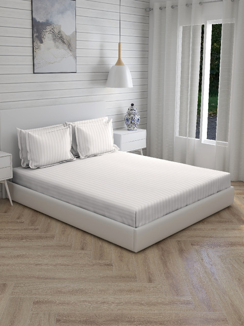 

Boutique Living India White Striped 600 TC Cotton 1 King Bedsheet with 4 Pillow Covers