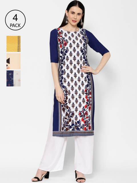 

7Threads Women Pack of 3 Printed Straight Kurtas, White