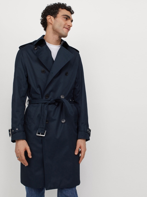 

H&M Women Navy Blue Cotton Twill Trenchcoat