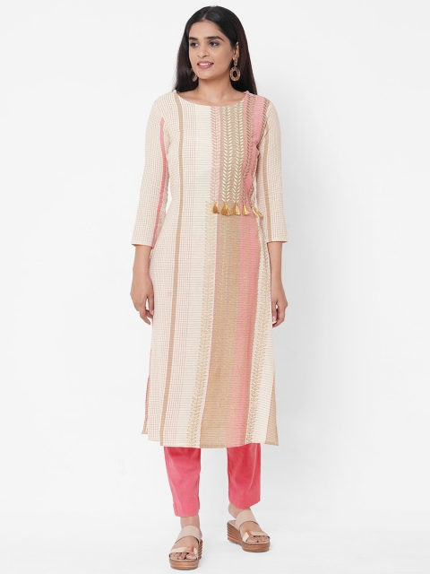 

FASHOR Women Off-White Striped Straight Kurta