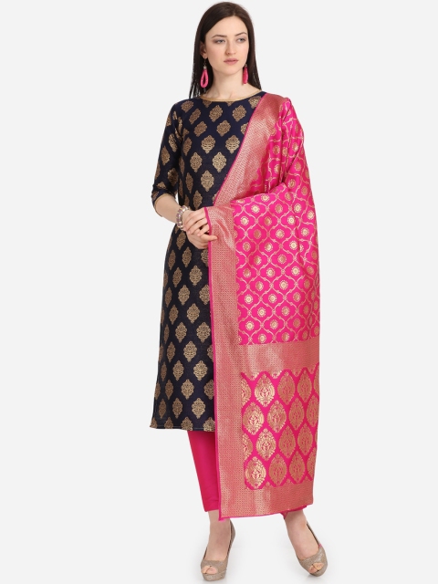 

Satrani Navy Blue & Pink Poly Silk Unstitched Dress Material