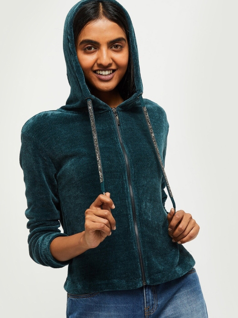

max Women Green Solid Hooded Sweatshirt
