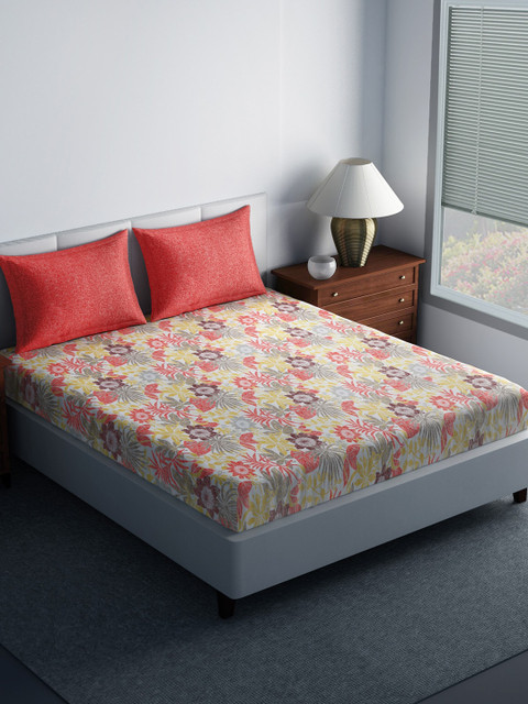

SPACES Red & Yellow Floral 144 TC Cotton 1 Queen Bedsheet with 2 Pillow Covers