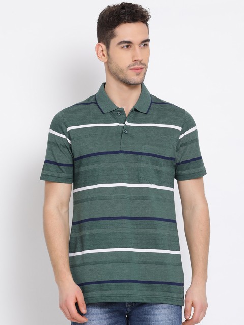 

COBB Men Green & White Striped Polo Collar T-shirt