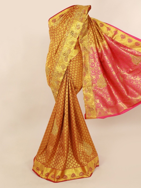 

Pothys Mustard & Gold-Toned Pure Silk Woven Design Kanjeevaram Saree