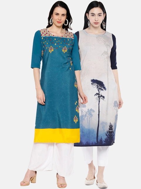

7Threads Women Pack of 2 Teal Green & Off-White Printed Straight Kurtas