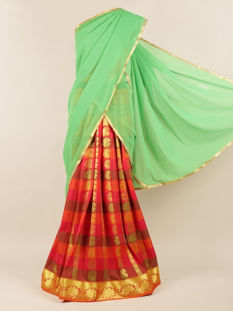 

Pothys Green & Orange Poly Chiffon Checked Half Saree