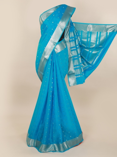

Pothys Blue & Silver-Toned Pure Silk Woven Design Mysore Silk Saree with Zari Border