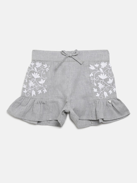 

Cherry Crumble Girls Grey Floral Embroidered Regular Fit Regular Shorts